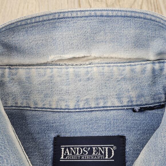 Lands End Shirt Mens Large Blue Denim Long Sleeve Button Up Casual Western 90s - Picture 8 of 9